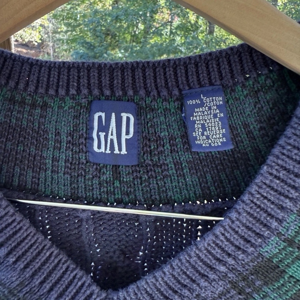 VTG 100% Cotton GAP Men's Cable Knit Blue Sweater Green Plaid Preppy JFK Jr. - Picture 4 of 6